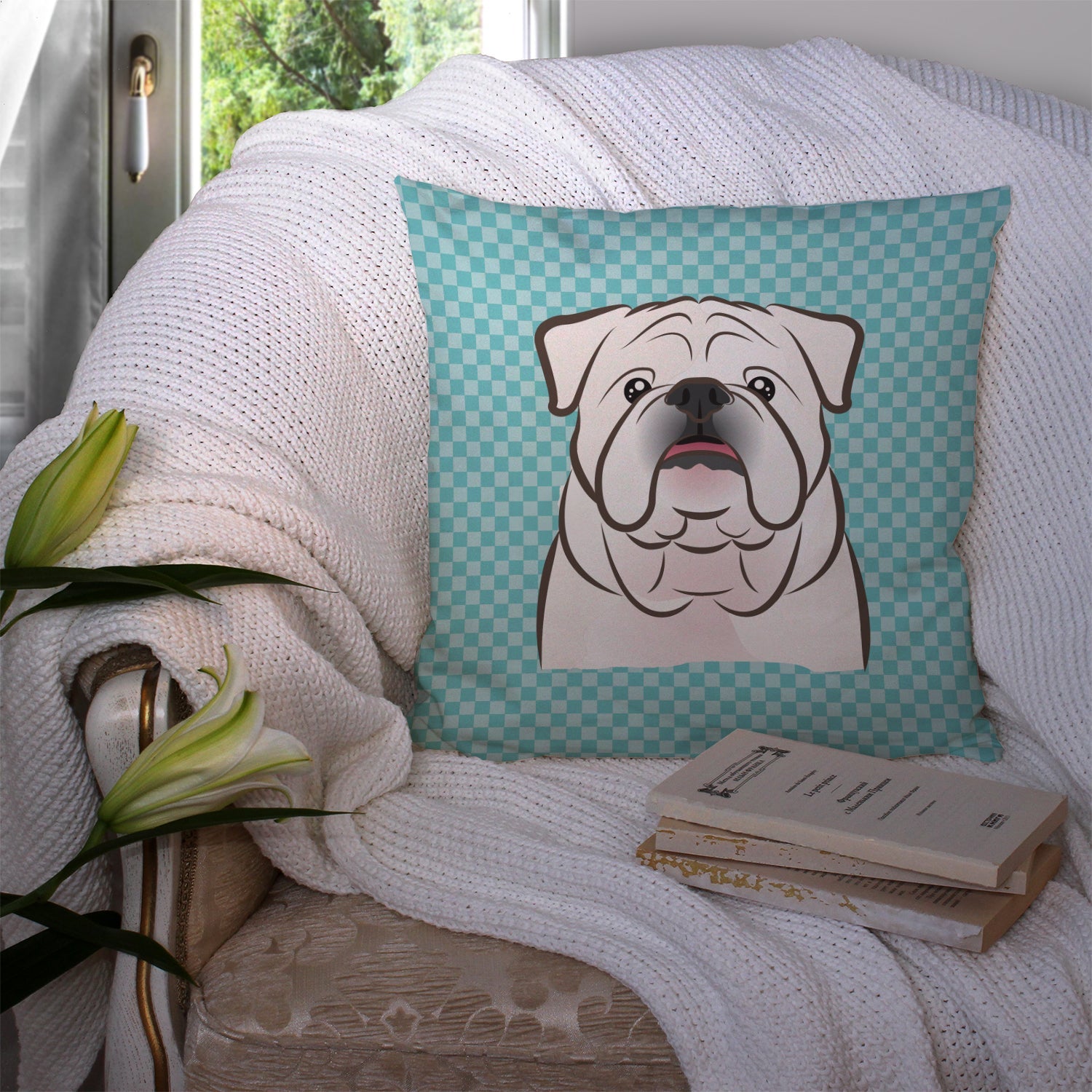 Checkerboard Blue White English Bulldog  Decorative Throw Pillow 14x14 Indoor Outdoor Accent Cushion, Fabric Cover with Insert for Sofa, Bed, Porch & Living Room