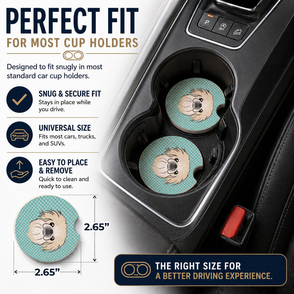 Checkerboard Blue Pekingese Set of 2 Cup Holder Car Coasters Absorbent Round Sandstone Coasters Gifts for Men or Women, 2.5, Multicolor