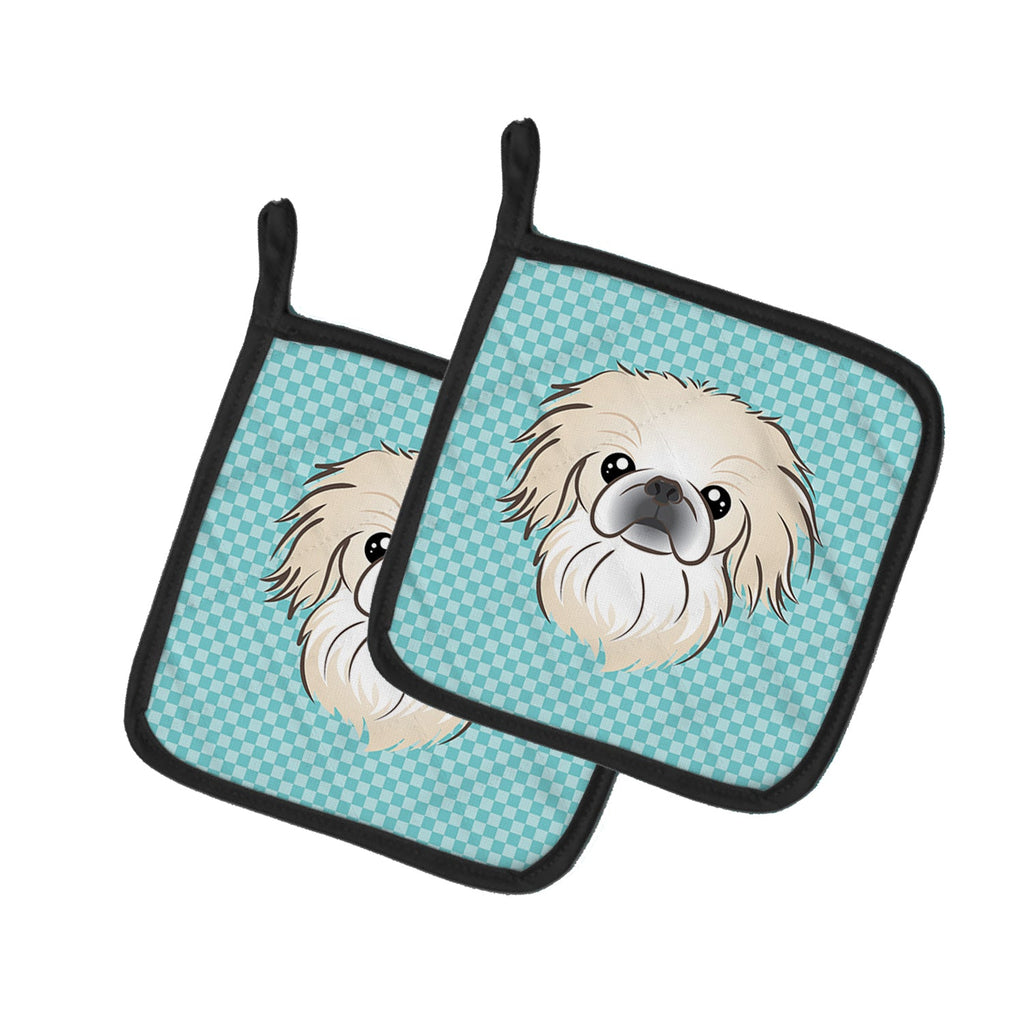 Checkerboard Blue Pekingese Pot Holder Set of 2 Heat Resistant Quilted Hot Pads 7.5 x 7.5 Inch, Insulated Kitchen Trivets for Cooking & Baking