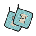 Checkerboard Blue Yellow Labrador Pot Holder Set of 2 Heat Resistant Quilted Hot Pads 7.5 x 7.5 Inch, Insulated Kitchen Trivets for Cooking & Baking