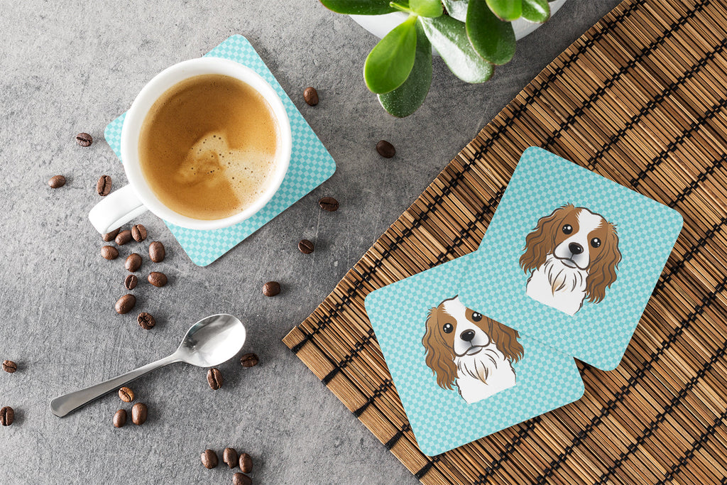 Checkerboard Blue Cavalier Spaniel Foam Coasters Set of 4 Cup Coasters for Indoor Outdoor, Tabletop Protection, Anti Slip, Mouse pad Material