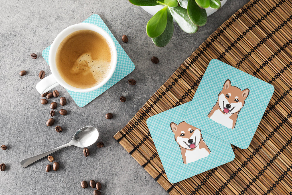 Checkerboard Blue Shiba Inu Foam Coasters Set of 4 Cup Coasters for Indoor Outdoor, Tabletop Protection, Anti Slip, Mouse pad Material