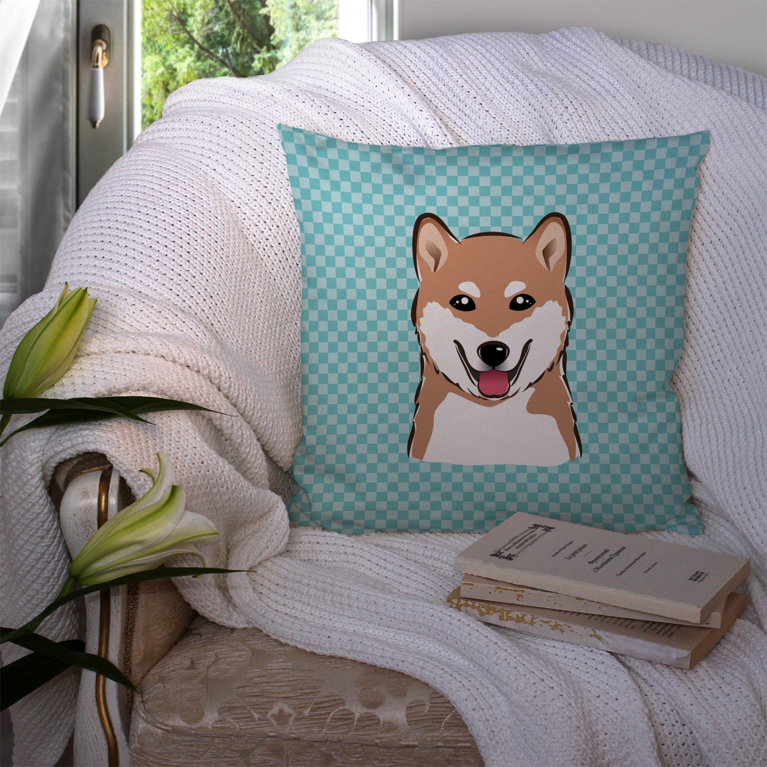 Checkerboard Blue Shiba Inu Decorative Throw Pillow 14x14 Indoor Outdoor Accent Cushion, Fabric Cover with Insert for Sofa, Bed, Porch & Living Room