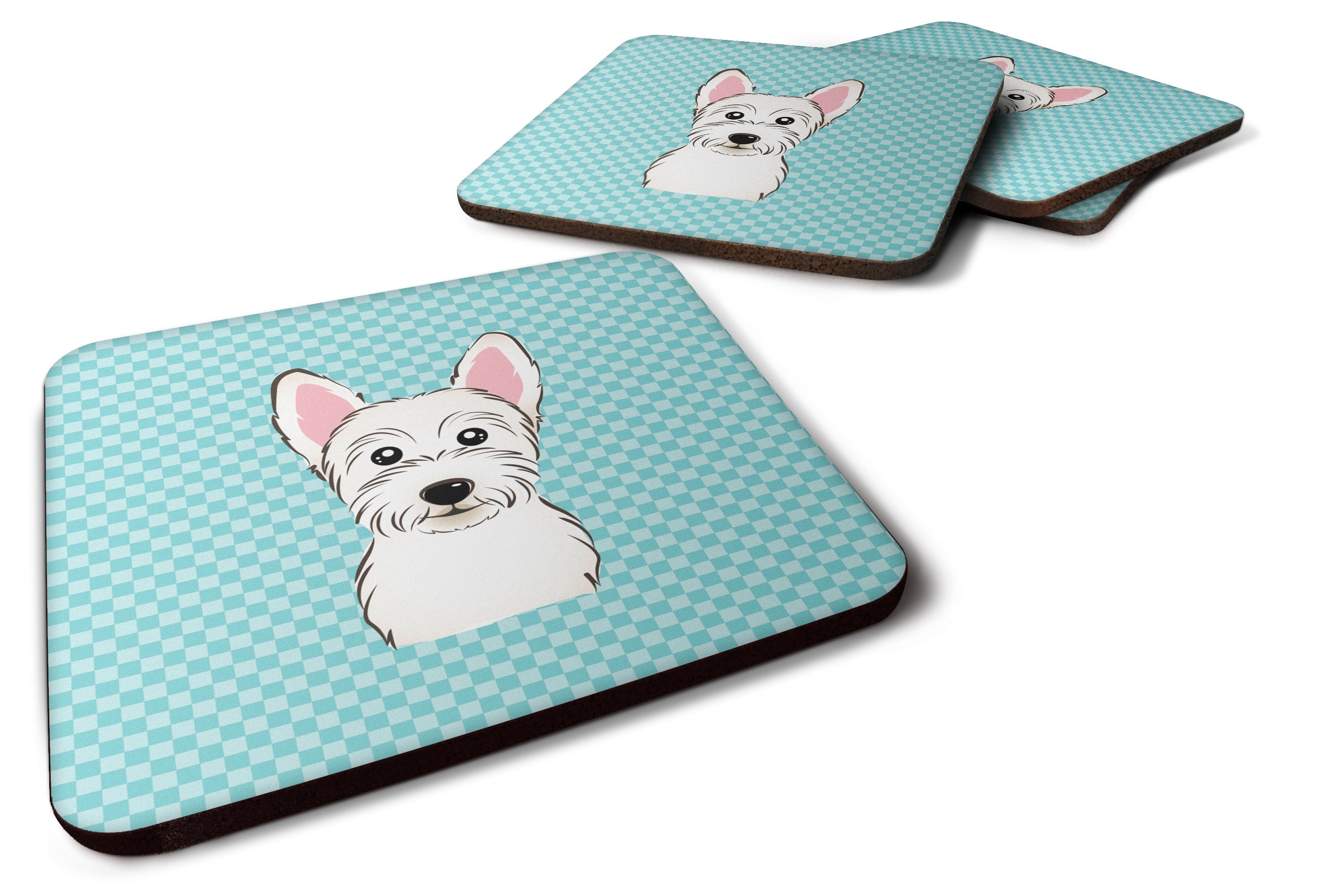 Checkerboard Blue Westie Foam Coasters Set of 4 Cup Coasters for Indoor Outdoor, Tabletop Protection, Anti Slip, Mouse pad Material
