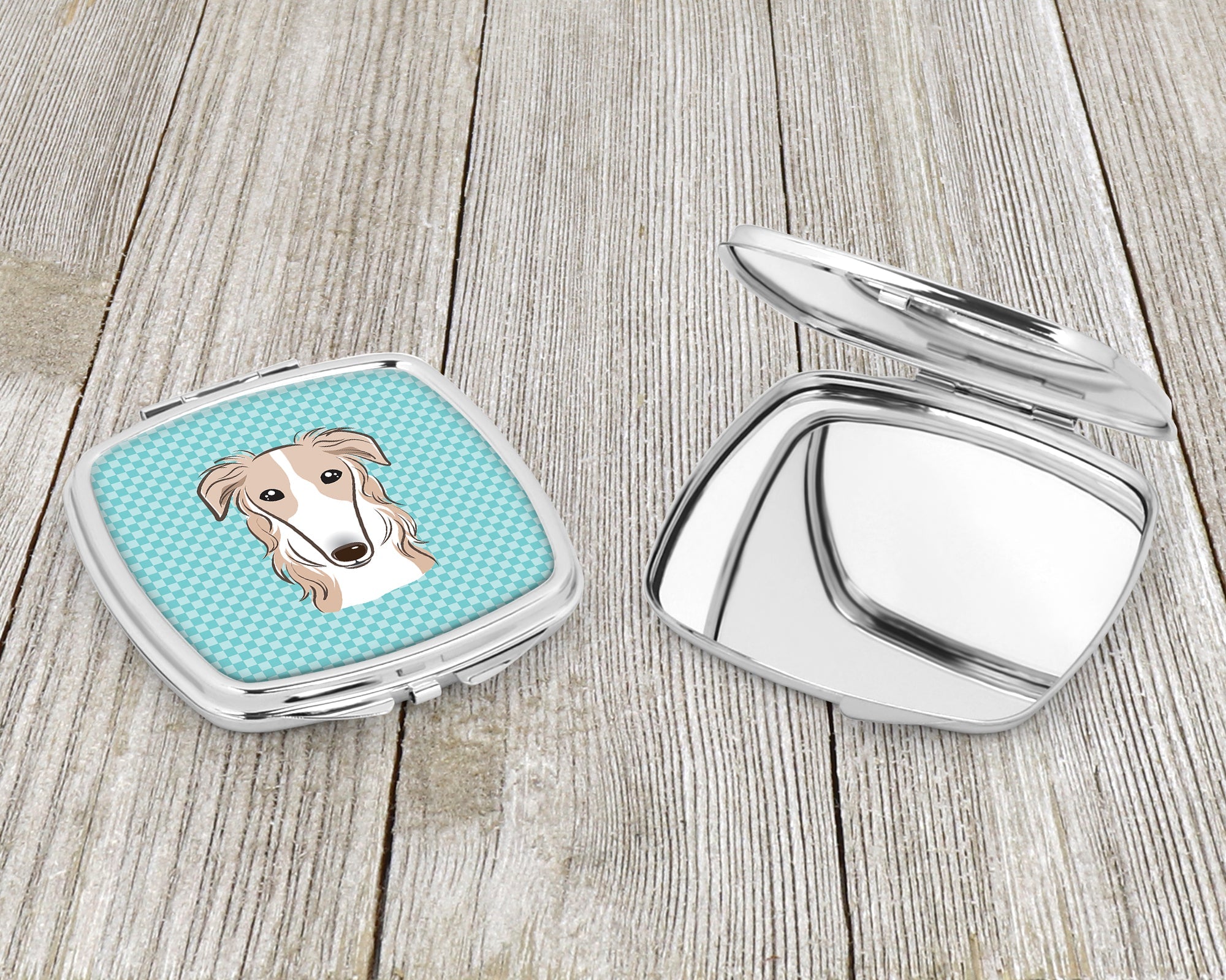 Checkerboard Blue Borzoi Compact Mirror Decorative Travel Makeup Mirror for Women Girls Gifts Pocket Makeup Mirror Folding Handheld