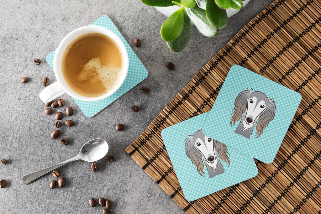 Checkerboard Blue Saluki Foam Coasters Set of 4 Cup Coasters for Indoor Outdoor, Tabletop Protection, Anti Slip, Mouse pad Material