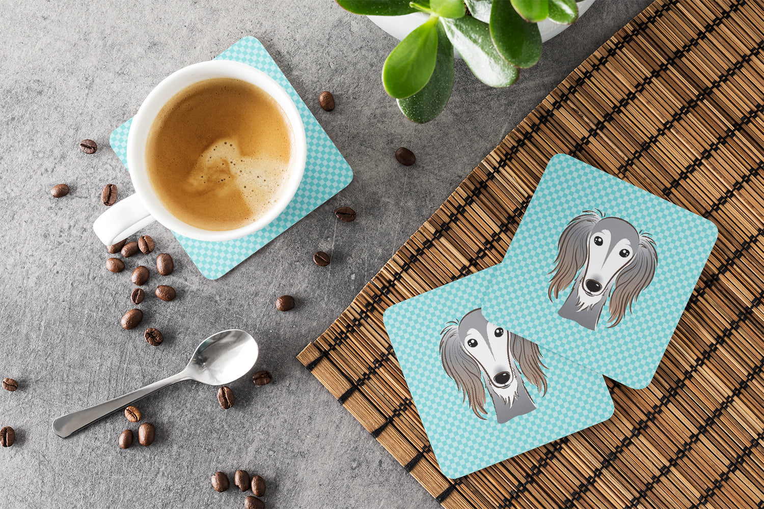 Checkerboard Blue Saluki Foam Coasters Set of 4 Cup Coasters for Indoor Outdoor, Tabletop Protection, Anti Slip, Mouse pad Material