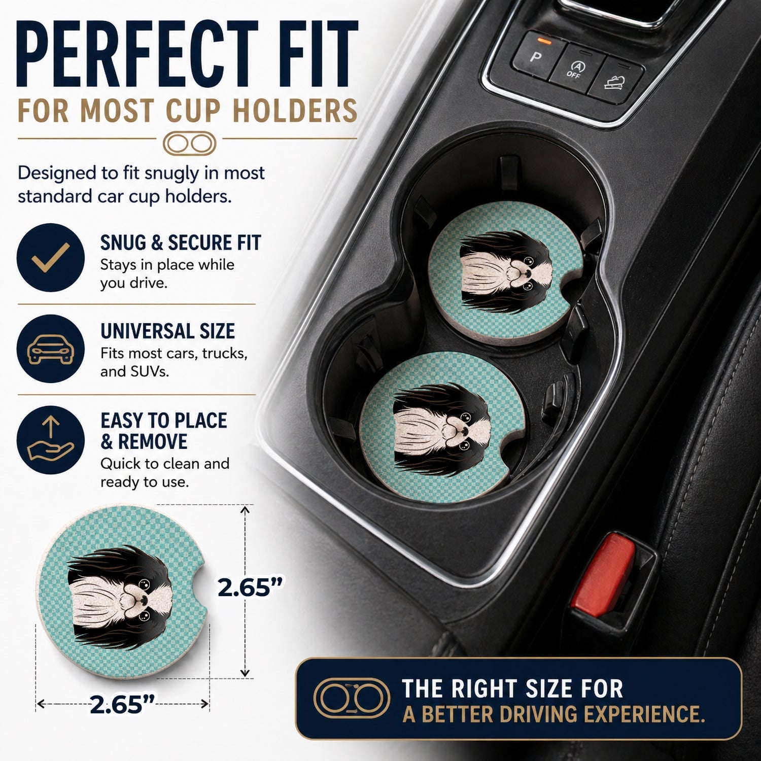 Checkerboard Blue Japanese Chin Set of 2 Cup Holder Car Coasters Absorbent Round Sandstone Coasters Gifts for Men or Women, 2.5, Multicolor