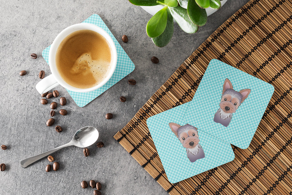 Checkerboard Blue Yorkie Puppy Foam Coasters Set of 4 Cup Coasters for Indoor Outdoor, Tabletop Protection, Anti Slip, Mouse pad Material
