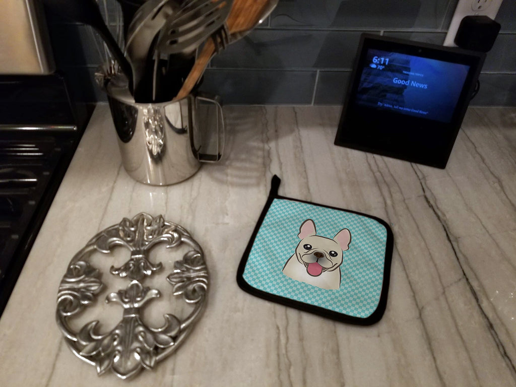 Checkerboard Blue French Bulldog Pot Holder Set of 2 Heat Resistant Quilted Hot Pads 7.5 x 7.5 Inch, Insulated Kitchen Trivets for Cooking & Baking
