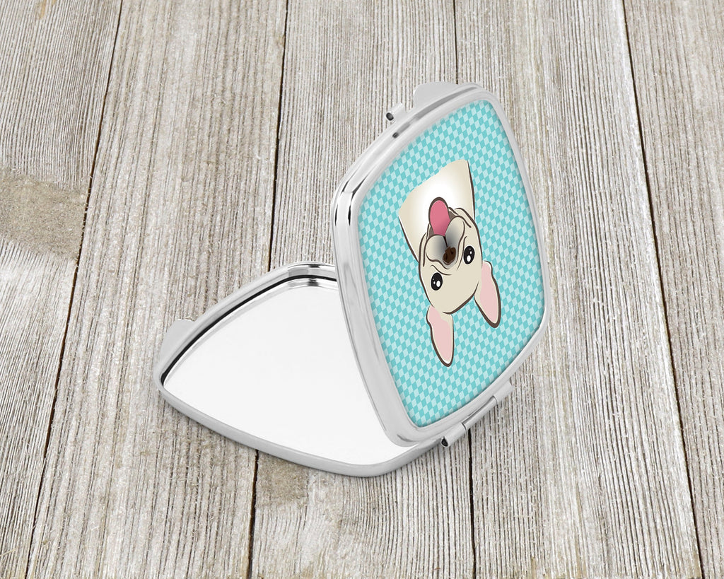 Checkerboard Blue French Bulldog Compact Mirror Decorative Travel Makeup Mirror for Women Girls Gifts Pocket Makeup Mirror Folding Handheld