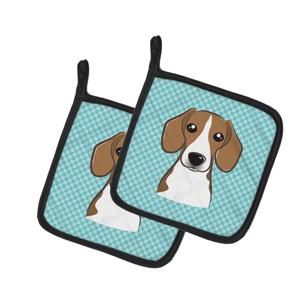 Checkerboard Blue Beagle Pot Holder Set of 2 Heat Resistant Quilted Hot Pads 7.5 x 7.5 Inch, Insulated Kitchen Trivets for Cooking & Baking