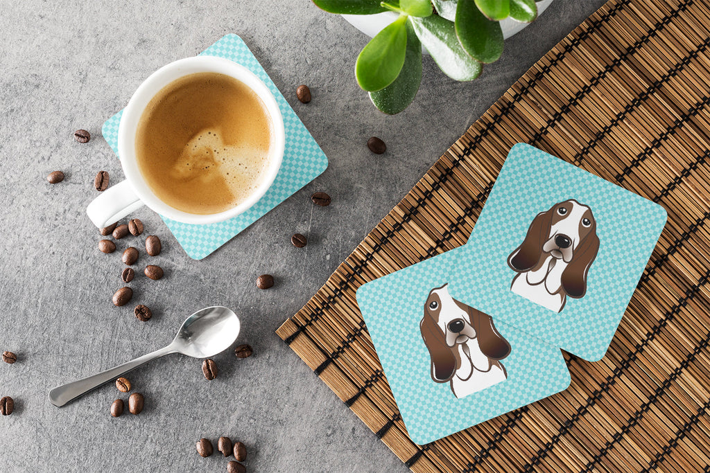 Checkerboard Blue Basset Hound Foam Coasters Set of 4 Cup Coasters for Indoor Outdoor, Tabletop Protection, Anti Slip, Mouse pad Material