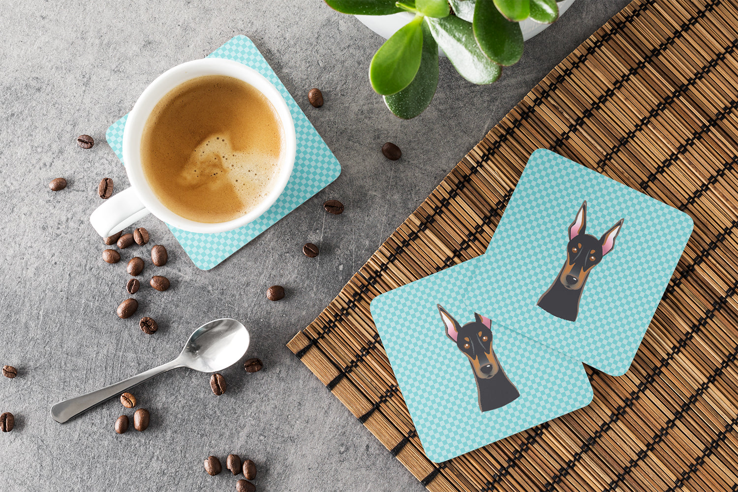Checkerboard Blue Doberman Foam Coasters Set of 4 Cup Coasters for Indoor Outdoor, Tabletop Protection, Anti Slip, Mouse pad Material