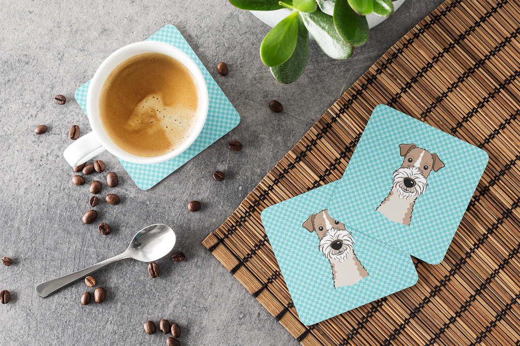 Checkerboard Blue Wire Haired Fox Terrier Foam Coasters Set of 4 Cup Coasters for Indoor Outdoor, Tabletop Protection, Anti Slip, Mouse pad Material