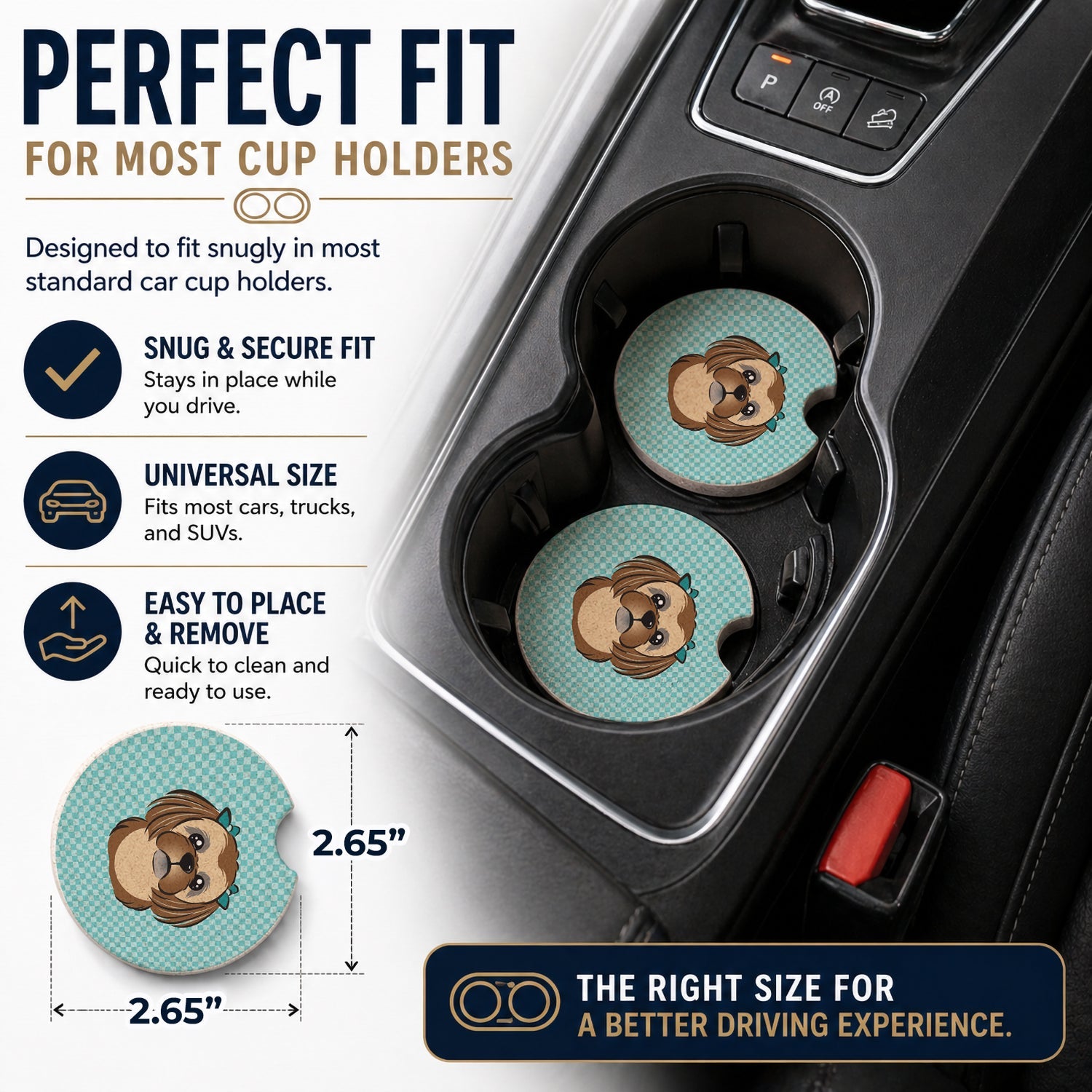 Checkerboard Blue Chocolate Brown Shih Tzu Set of 2 Cup Holder Car Coasters Absorbent Round Sandstone Coasters Gifts for Men or Women, 2.5, Multicolor