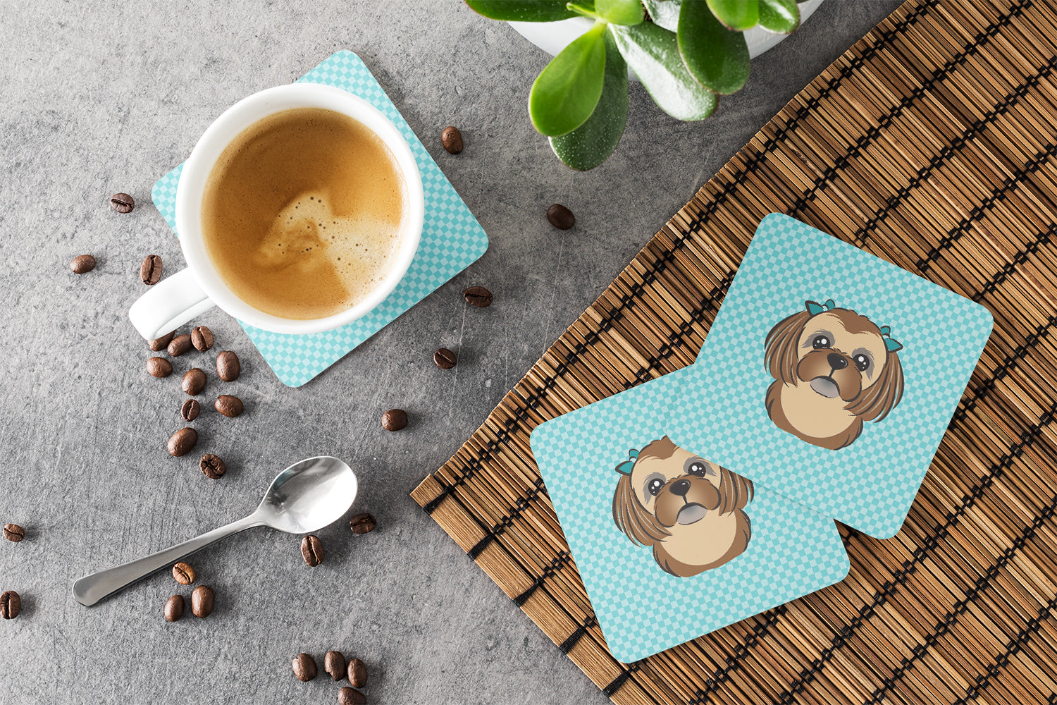 Checkerboard Blue Chocolate Brown Shih Tzu Foam Coasters Set of 4 Cup Coasters for Indoor Outdoor, Tabletop Protection, Anti Slip, Mouse pad Material