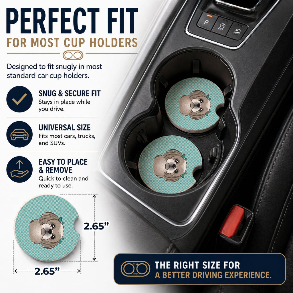 Checkerboard Blue Gray Silver Shih Tzu Set of 2 Cup Holder Car Coasters Absorbent Round Sandstone Coasters Gifts for Men or Women, 2.5, Multicolor