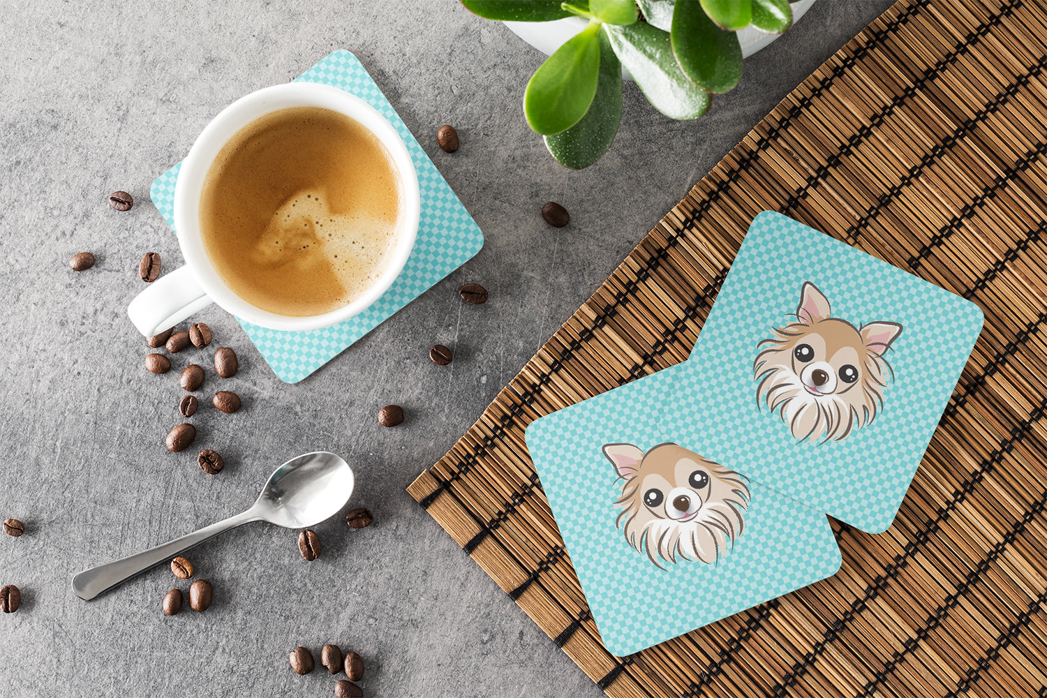 Checkerboard Blue Chihuahua Foam Coasters Set of 4 Cup Coasters for Indoor Outdoor, Tabletop Protection, Anti Slip, Mouse pad Material