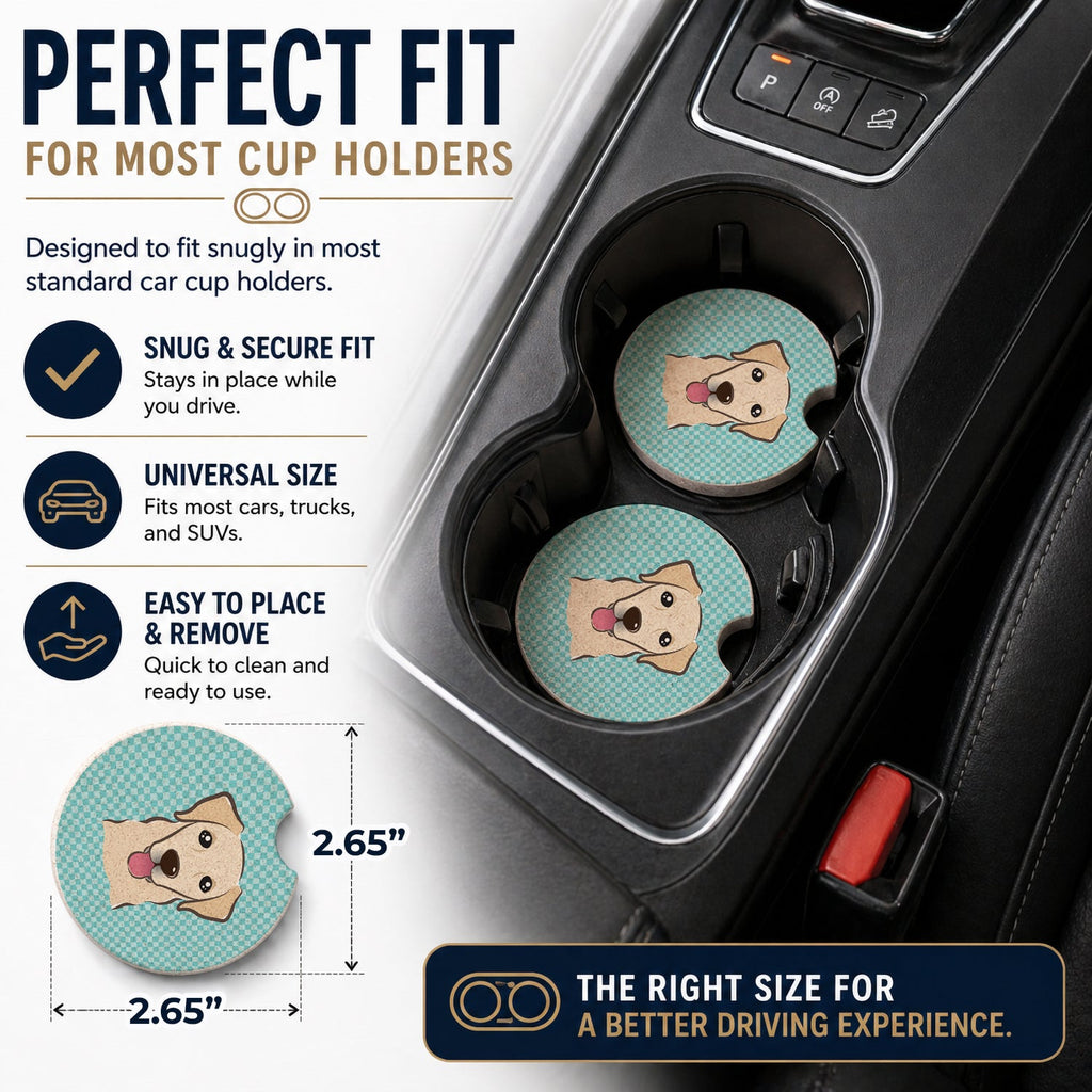 Checkerboard Blue Golden Retriever Set of 2 Cup Holder Car Coasters Absorbent Round Sandstone Coasters Gifts for Men or Women, 2.5, Multicolor