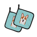 Checkerboard Blue Corgi Pot Holder Set of 2 Heat Resistant Quilted Hot Pads 7.5 x 7.5 Inch, Insulated Kitchen Trivets for Cooking & Baking