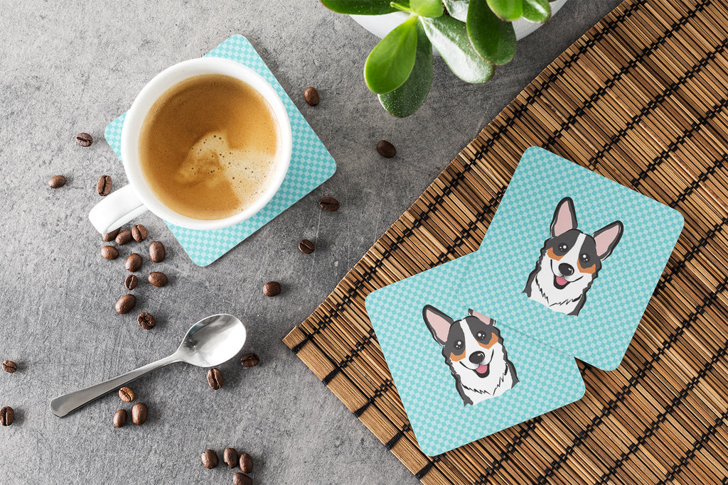 Checkerboard Blue Corgi Foam Coasters Set of 4 Cup Coasters for Indoor Outdoor, Tabletop Protection, Anti Slip, Mouse pad Material