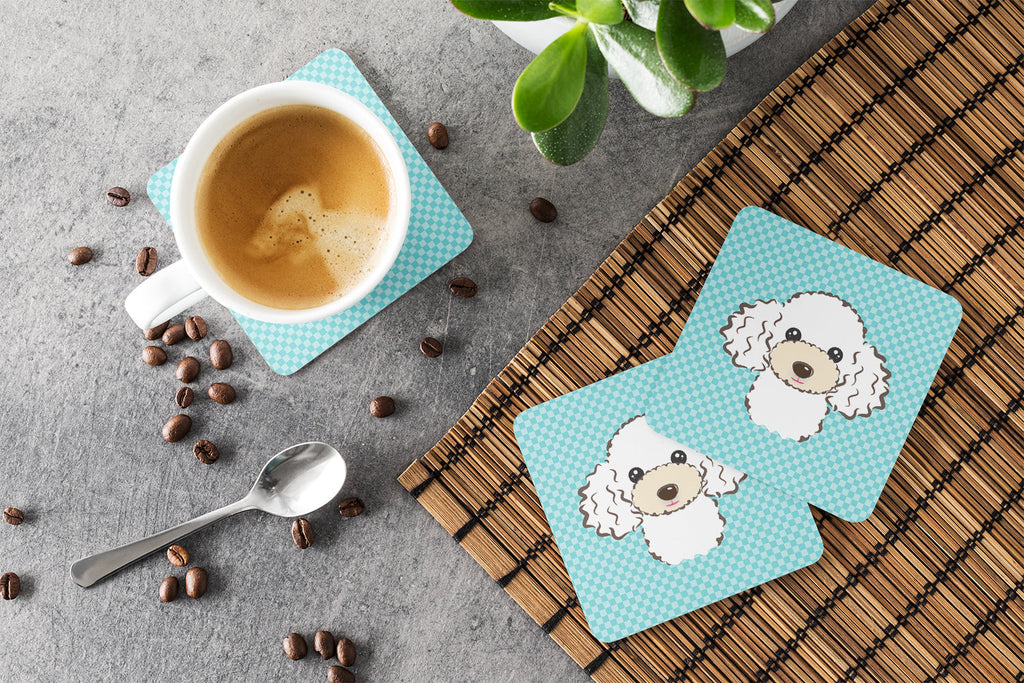 Checkerboard Blue White Poodle Foam Coasters Set of 4 Cup Coasters for Indoor Outdoor, Tabletop Protection, Anti Slip, Mouse pad Material
