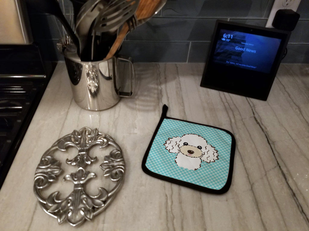 Checkerboard Blue White Poodle Pot Holder Set of 2 Heat Resistant Quilted Hot Pads 7.5 x 7.5 Inch, Insulated Kitchen Trivets for Cooking & Baking