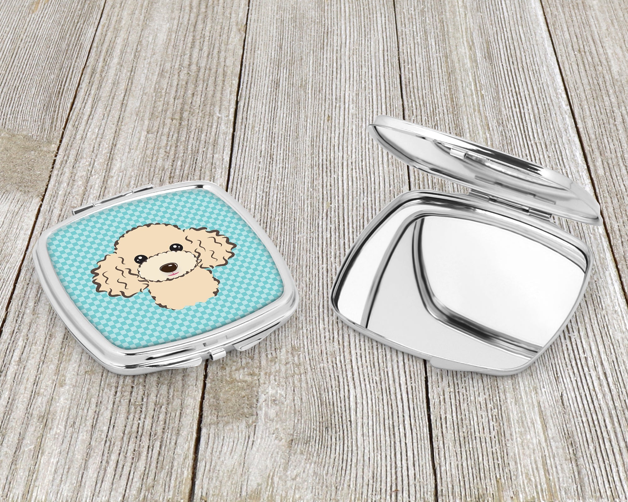 Checkerboard Blue Buff Poodle Compact Mirror Decorative Travel Makeup Mirror for Women Girls Gifts Pocket Makeup Mirror Folding Handheld