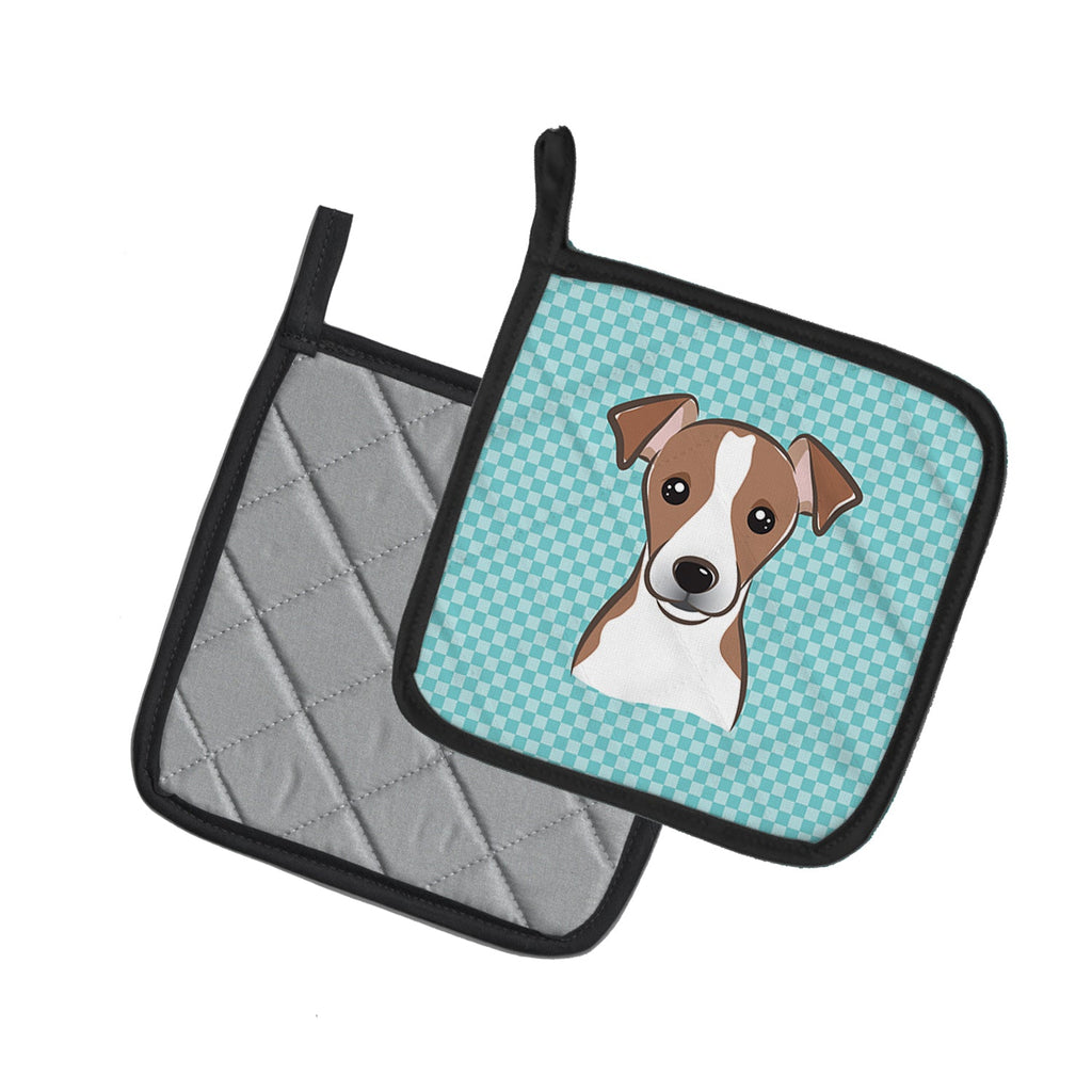 Checkerboard Blue Jack Russell Terrier Pot Holder Set of 2 Heat Resistant Quilted Hot Pads 7.5 x 7.5 Inch, Insulated Kitchen Trivets for Cooking & Baking