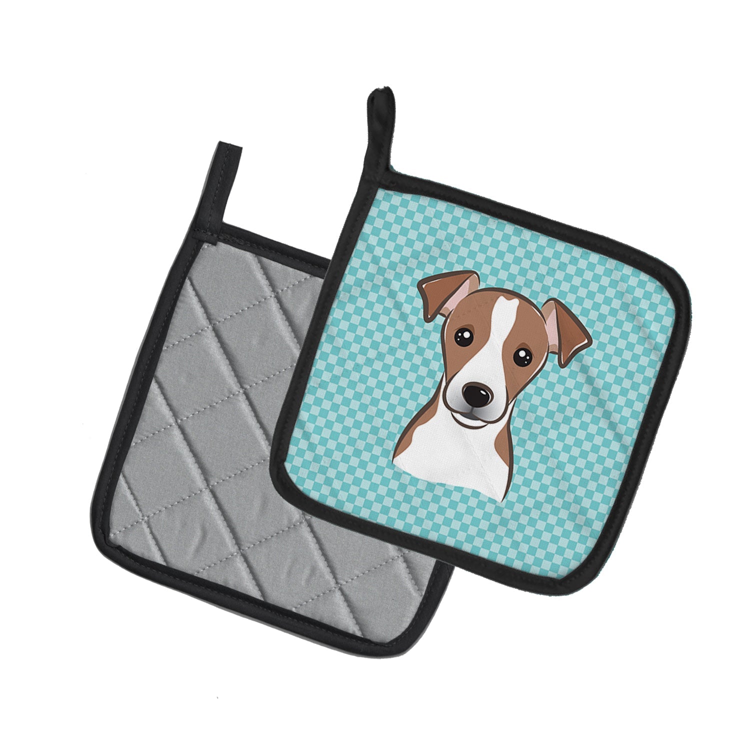 Checkerboard Blue Jack Russell Terrier Pot Holder Set of 2 Heat Resistant Quilted Hot Pads 7.5 x 7.5 Inch, Insulated Kitchen Trivets for Cooking & Baking