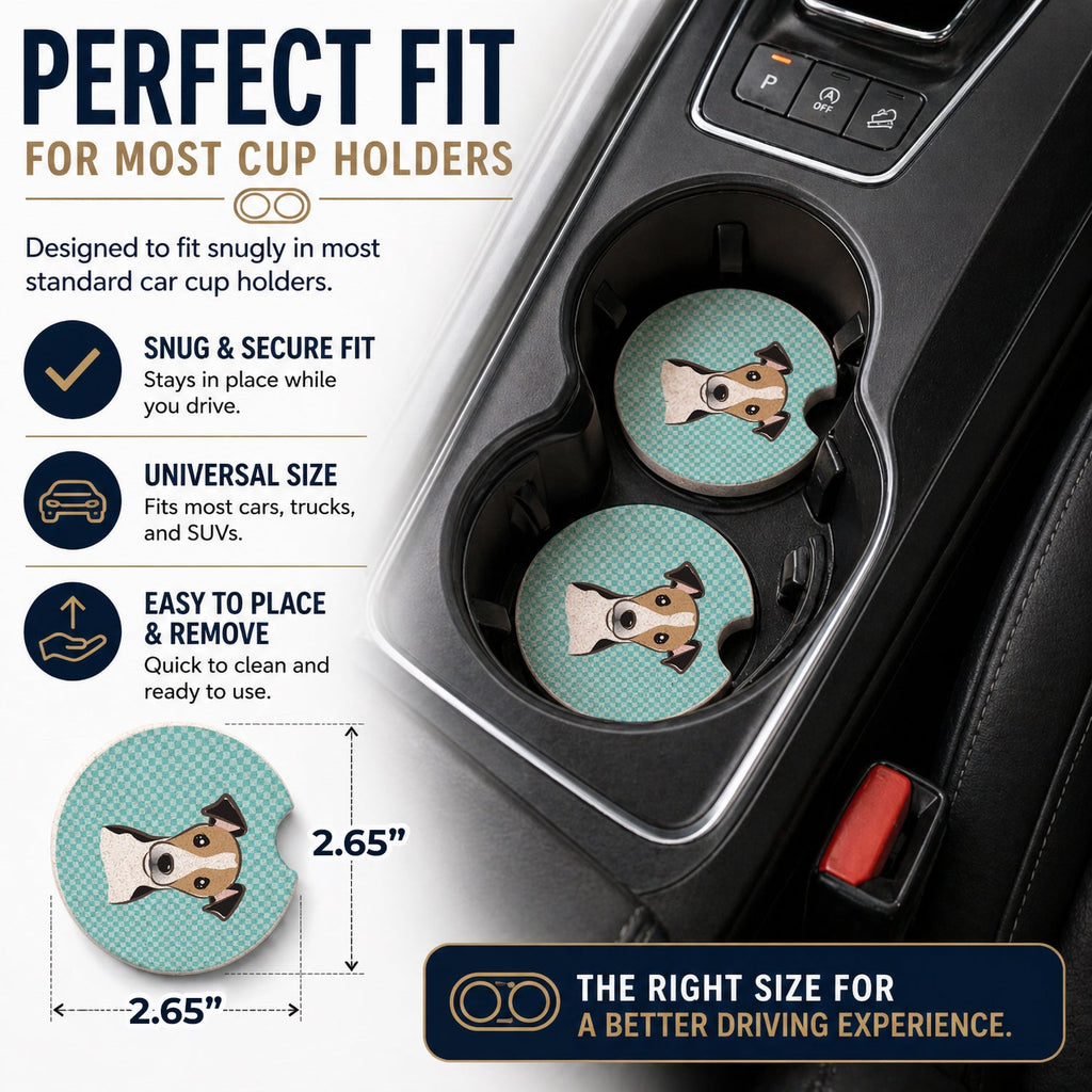 Checkerboard Blue Jack Russell Terrier Set of 2 Cup Holder Car Coasters Absorbent Round Sandstone Coasters Gifts for Men or Women, 2.5, Multicolor
