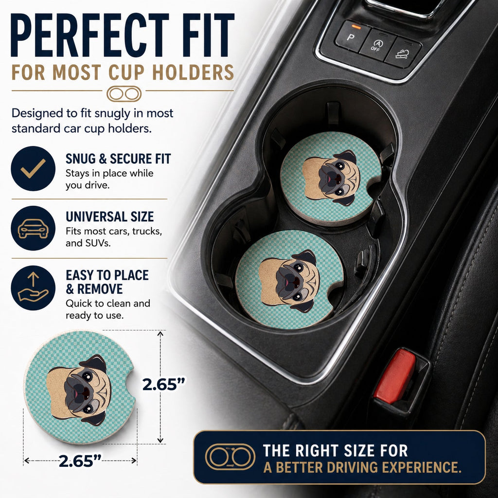 Checkerboard Blue Fawn Pug Set of 2 Cup Holder Car Coasters Absorbent Round Sandstone Coasters Gifts for Men or Women, 2.5, Multicolor