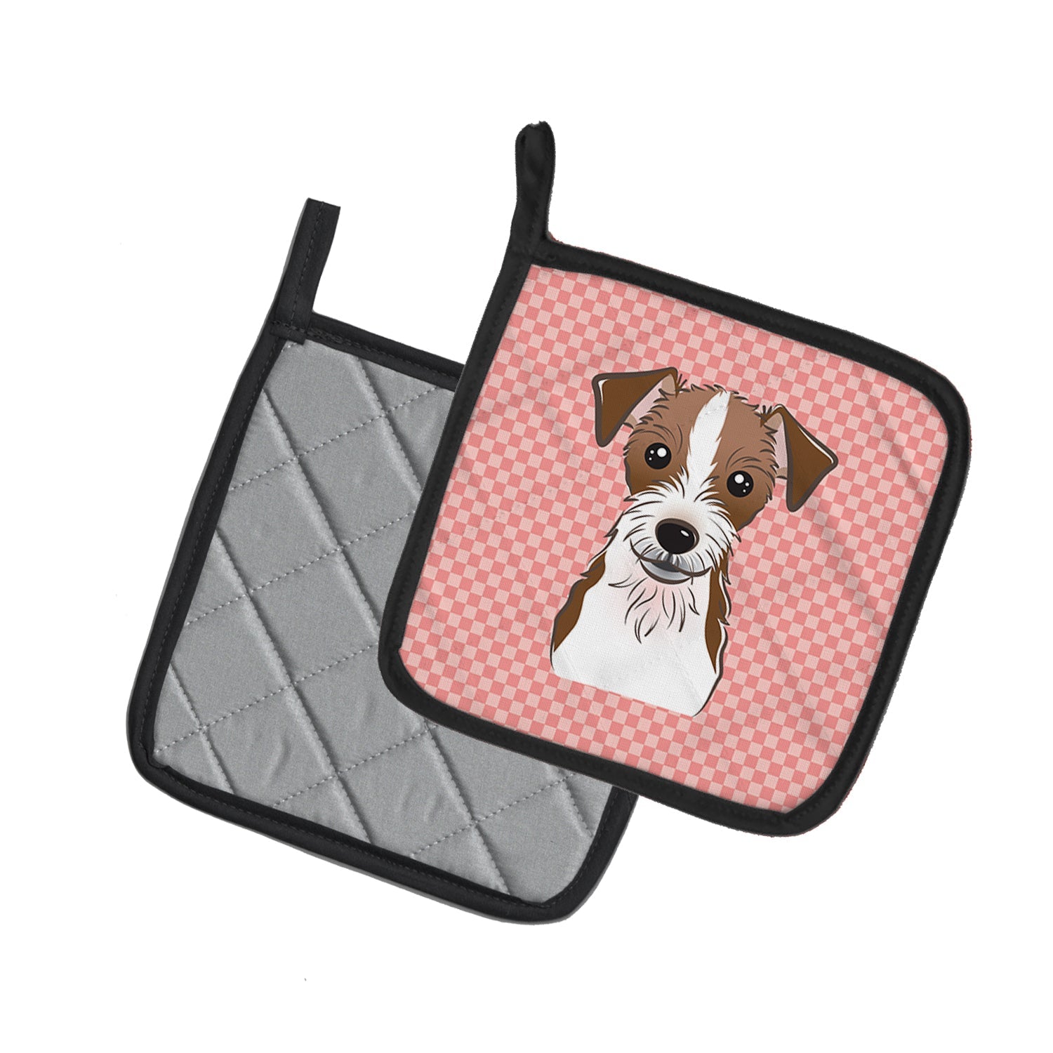 Checkerboard Pink Jack Russell Terrier Pot Holder Set of 2 Heat Resistant Quilted Hot Pads 7.5 x 7.5 Inch, Insulated Kitchen Trivets for Cooking & Baking