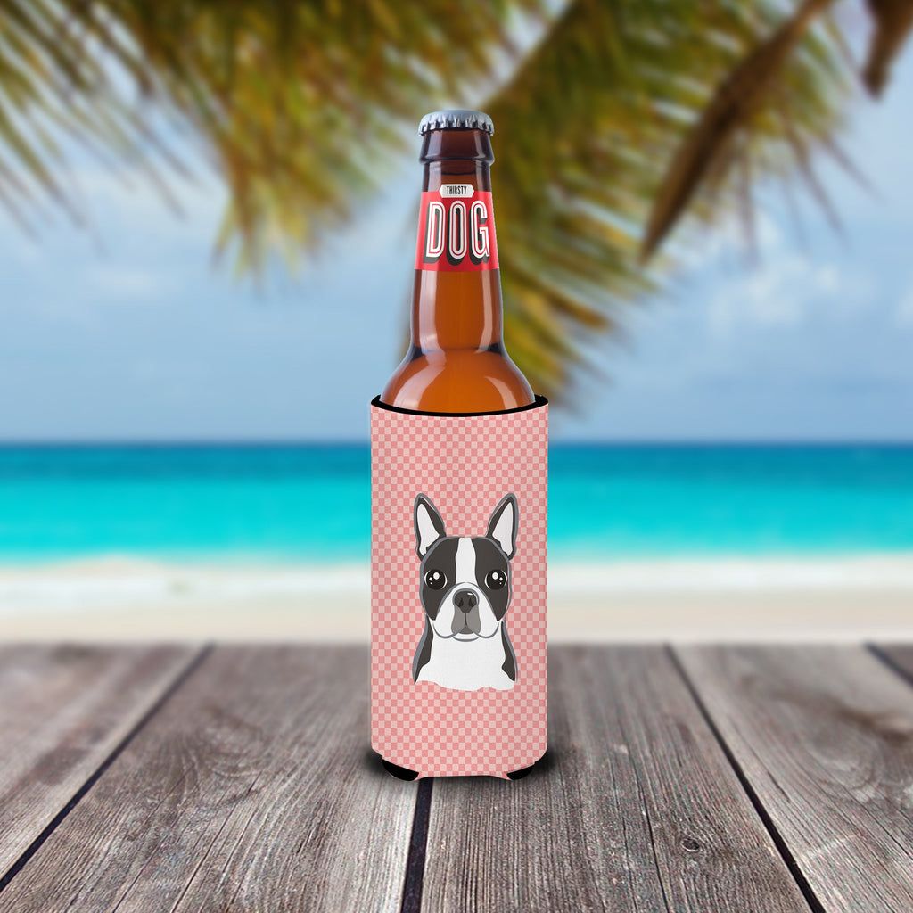 Checkerboard Pink Boston Terrier Slim Can Hugger , Insulated Foam Hugger for 12 oz Slim Cans, Beer Bottles & Water Bottles, Printed in USA