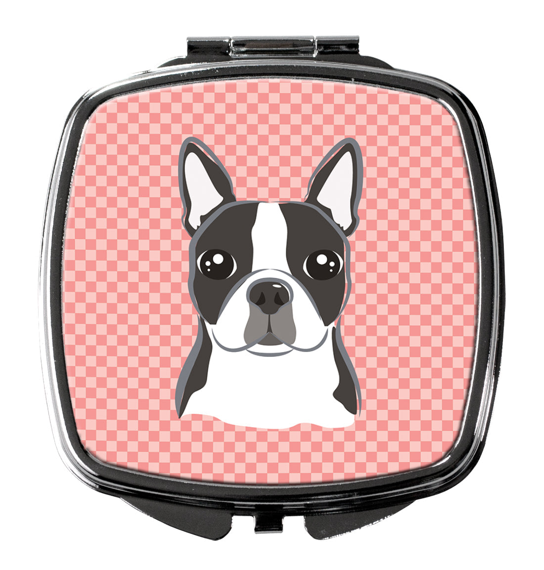 Checkerboard Pink Boston Terrier Compact Mirror Decorative Travel Makeup Mirror for Women Girls Gifts Pocket Makeup Mirror Folding Handheld