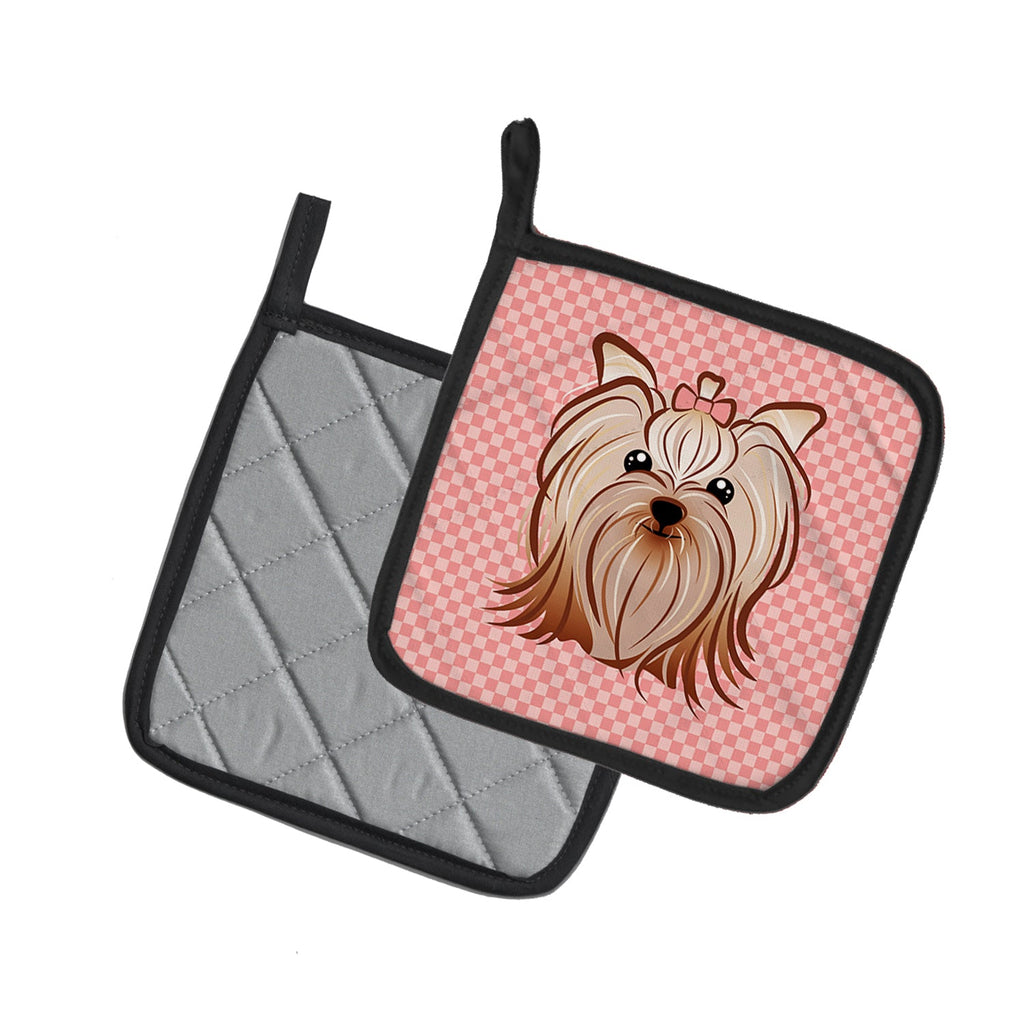 Checkerboard Pink Yorkie Yorkishire Terrier Pot Holder Set of 2 Heat Resistant Quilted Hot Pads 7.5 x 7.5 Inch, Insulated Kitchen Trivets for Cooking & Baking
