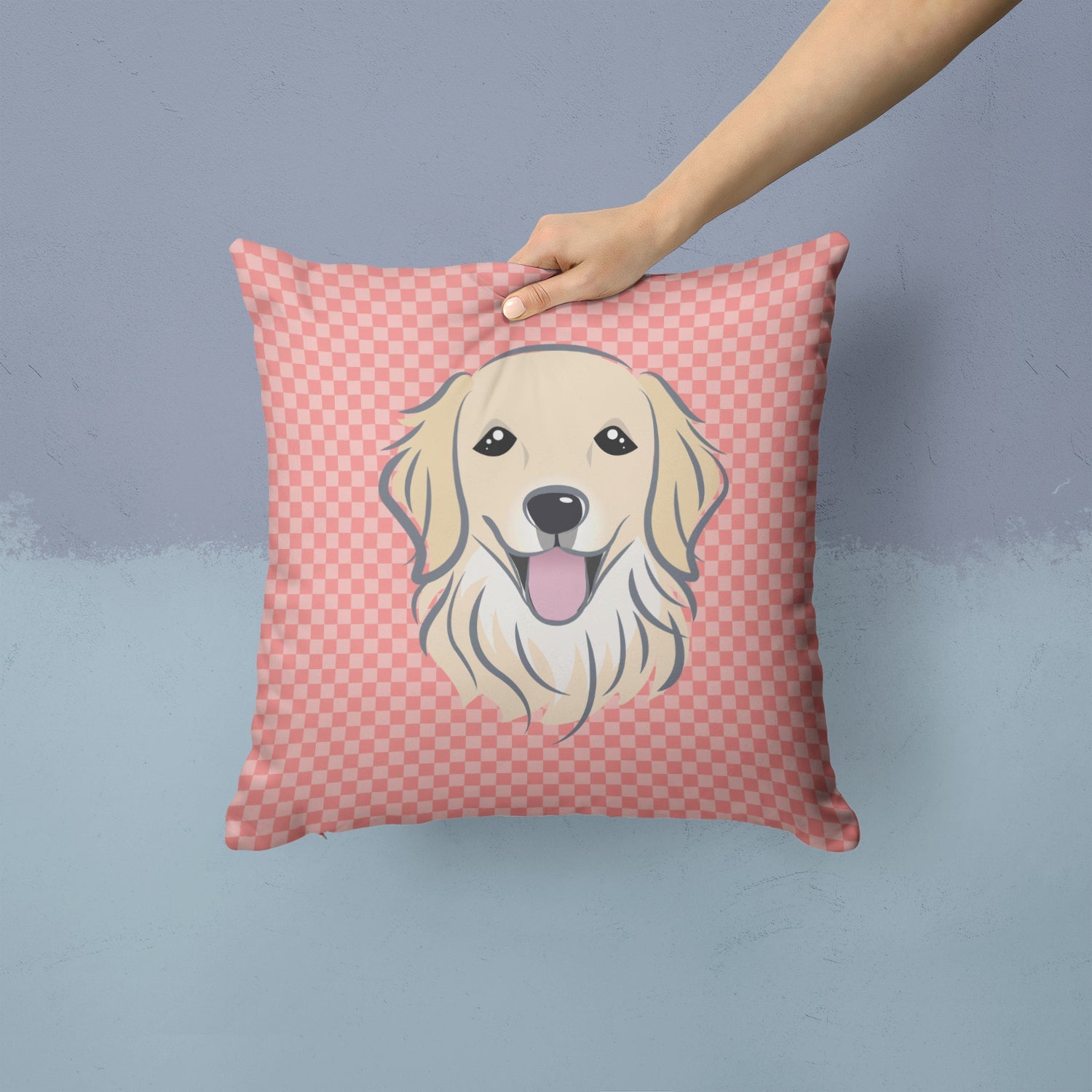 Checkerboard Pink Golden Retriever Decorative Throw Pillow 14x14 Indoor Outdoor Accent Cushion, Fabric Cover with Insert for Sofa, Bed, Porch & Living Room