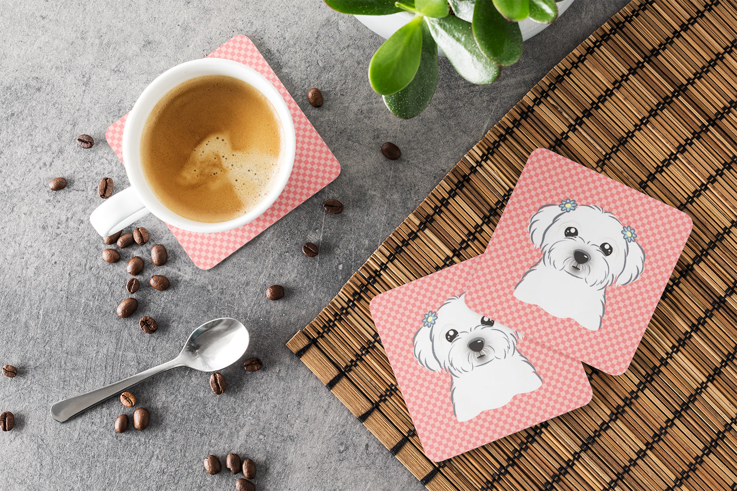 Checkerboard Pink Maltese Foam Coasters Set of 4 Cup Coasters for Indoor Outdoor, Tabletop Protection, Anti Slip, Mouse pad Material