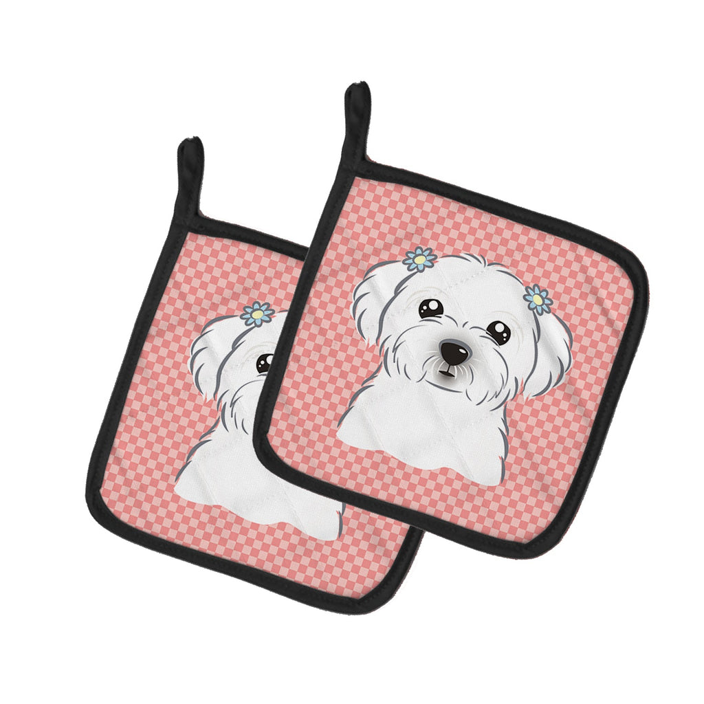 Checkerboard Pink Maltese Pot Holder Set of 2 Heat Resistant Quilted Hot Pads 7.5 x 7.5 Inch, Insulated Kitchen Trivets for Cooking & Baking