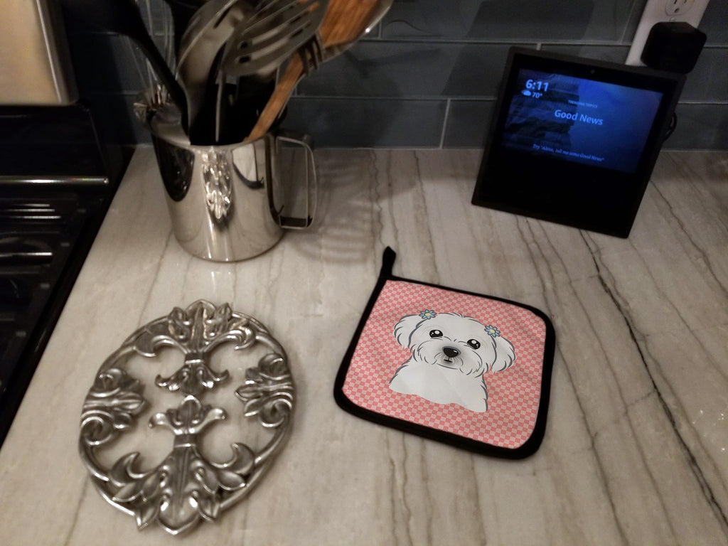 Checkerboard Pink Maltese Pot Holder Set of 2 Heat Resistant Quilted Hot Pads 7.5 x 7.5 Inch, Insulated Kitchen Trivets for Cooking & Baking