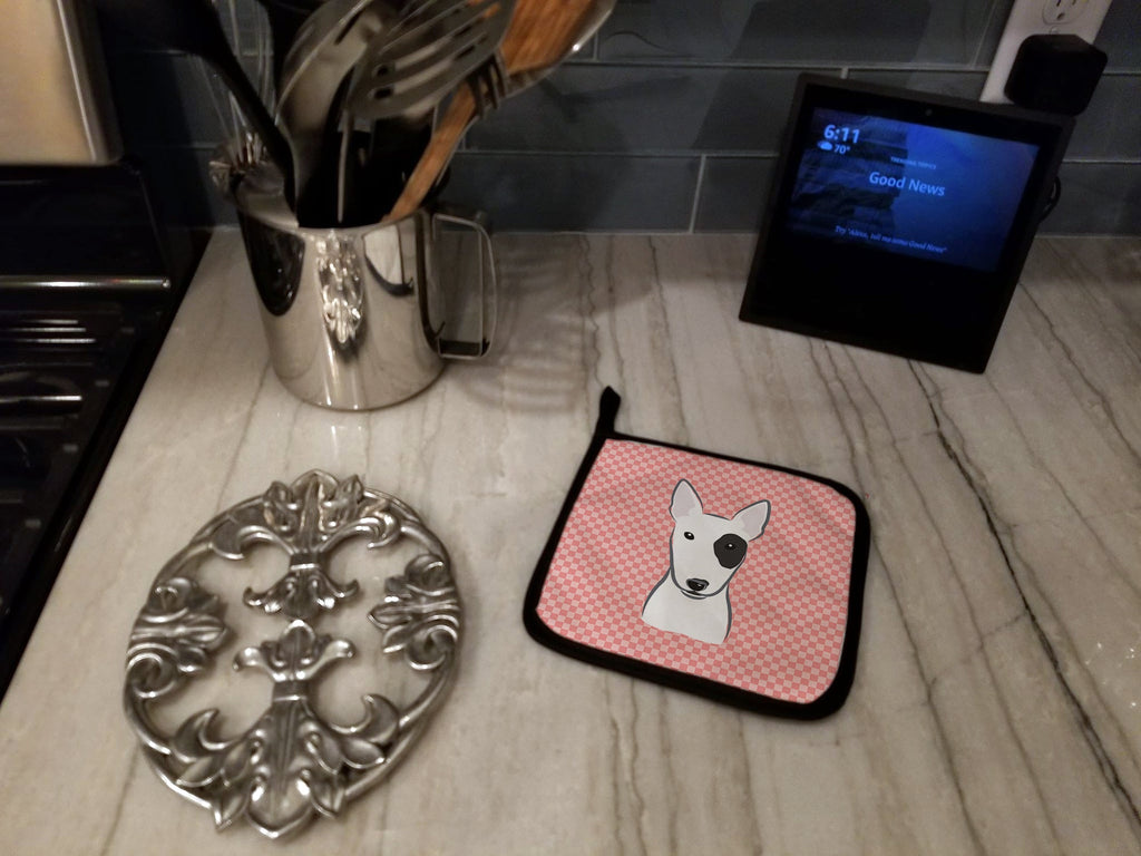 Checkerboard Pink Bull Terrier Pot Holder Set of 2 Heat Resistant Quilted Hot Pads 7.5 x 7.5 Inch, Insulated Kitchen Trivets for Cooking & Baking