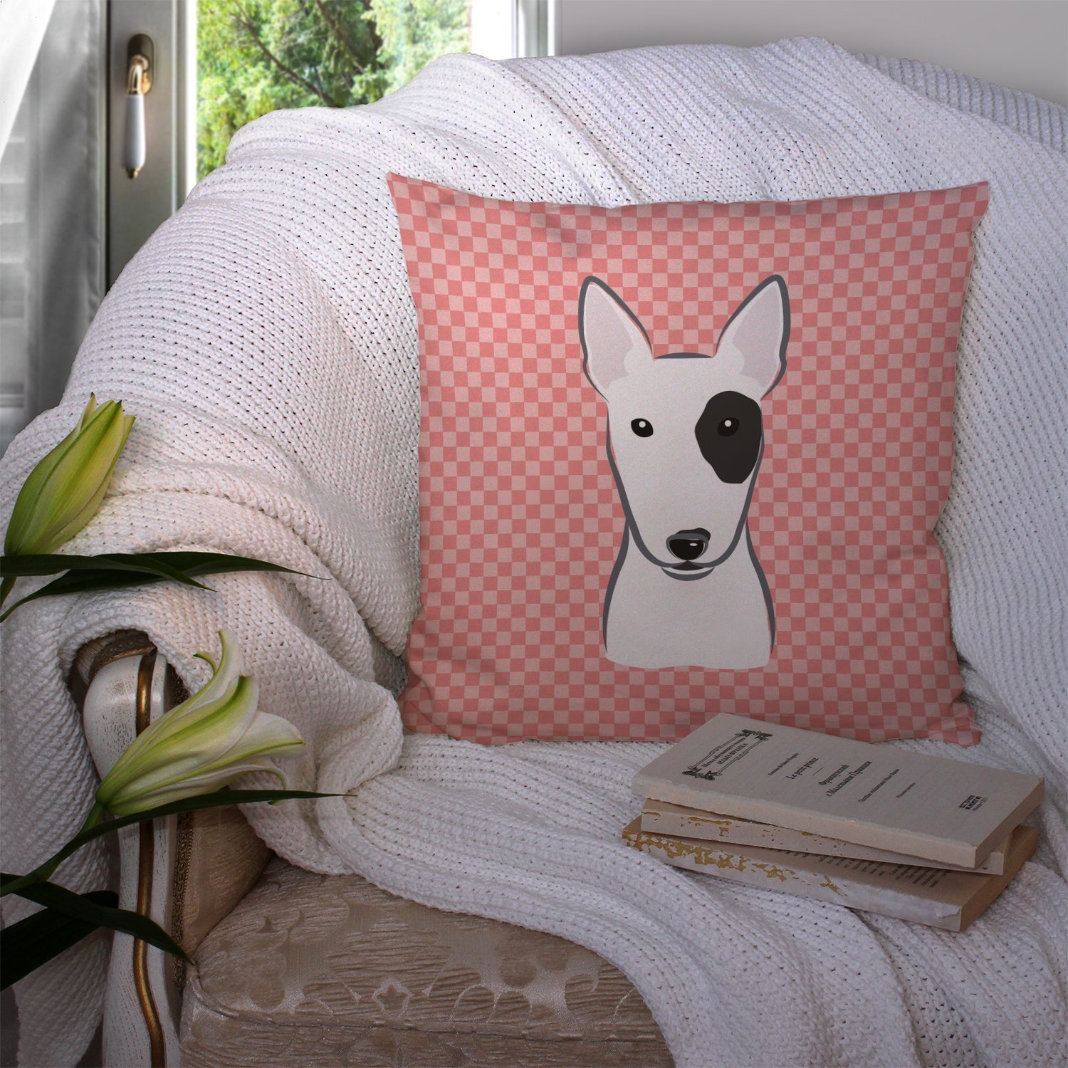 Checkerboard Pink Bull Terrier Decorative Throw Pillow 14x14 Indoor Outdoor Accent Cushion, Fabric Cover with Insert for Sofa, Bed, Porch & Living Room