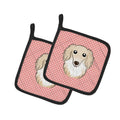Checkerboard Pink Longhair Creme Dachshund Pot Holder Set of 2 Heat Resistant Quilted Hot Pads 7.5 x 7.5 Inch, Insulated Kitchen Trivets for Cooking & Baking