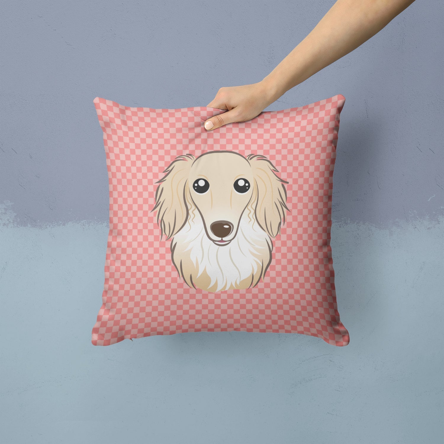 Checkerboard Pink Longhair Creme Dachshund Decorative Throw Pillow 14x14 Indoor Outdoor Accent Cushion, Fabric Cover with Insert for Sofa, Bed, Porch & Living Room