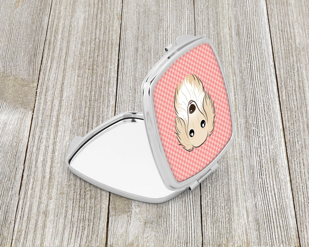 Checkerboard Pink Longhair Creme Dachshund Compact Mirror Decorative Travel Makeup Mirror for Women Girls Gifts Pocket Makeup Mirror Folding Handheld