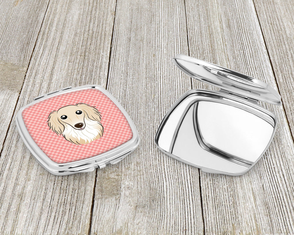 Checkerboard Pink Longhair Creme Dachshund Compact Mirror Decorative Travel Makeup Mirror for Women Girls Gifts Pocket Makeup Mirror Folding Handheld