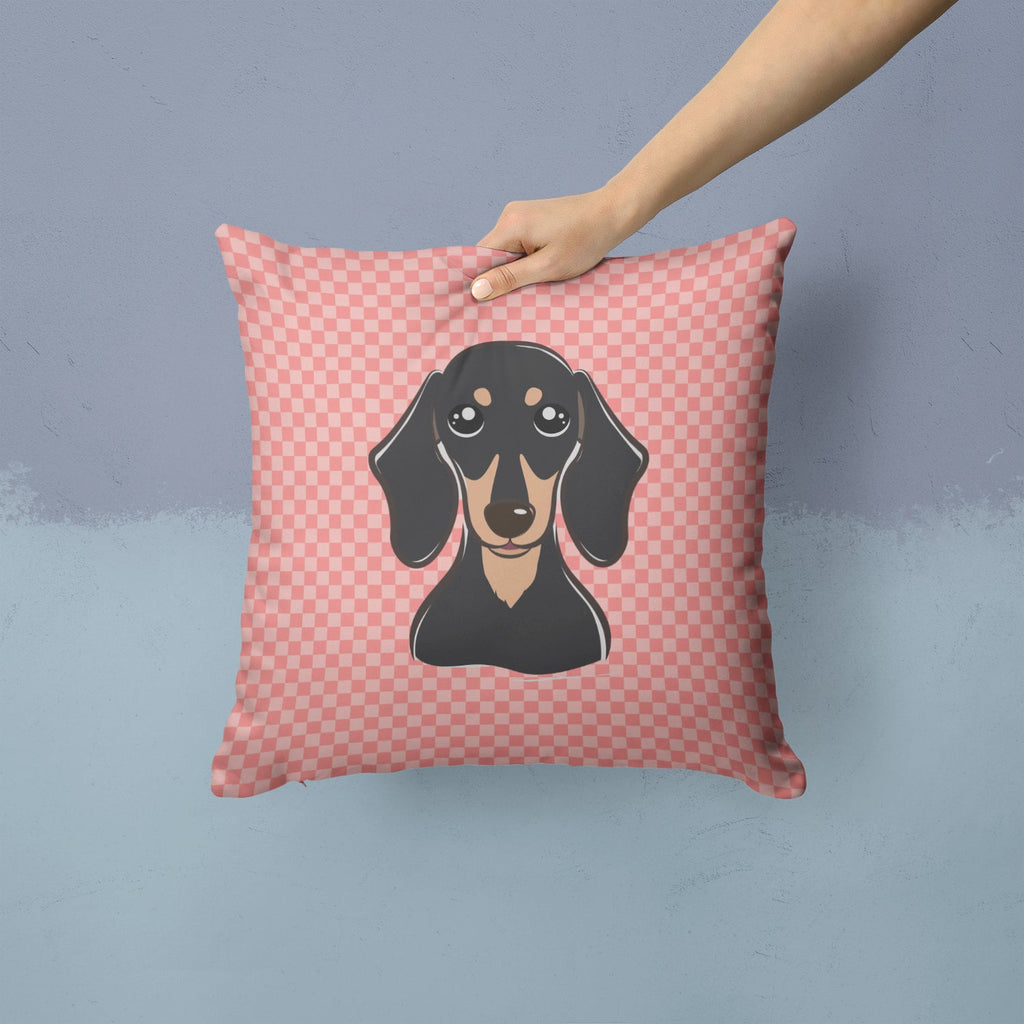 Checkerboard Pink Smooth Black and Tan Dachshund Decorative Throw Pillow 14x14 Indoor Outdoor Accent Cushion, Fabric Cover with Insert for Sofa, Bed, Porch & Living Room