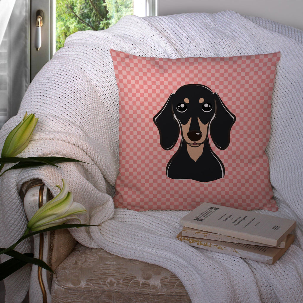 Checkerboard Pink Smooth Black and Tan Dachshund Decorative Throw Pillow 14x14 Indoor Outdoor Accent Cushion, Fabric Cover with Insert for Sofa, Bed, Porch & Living Room