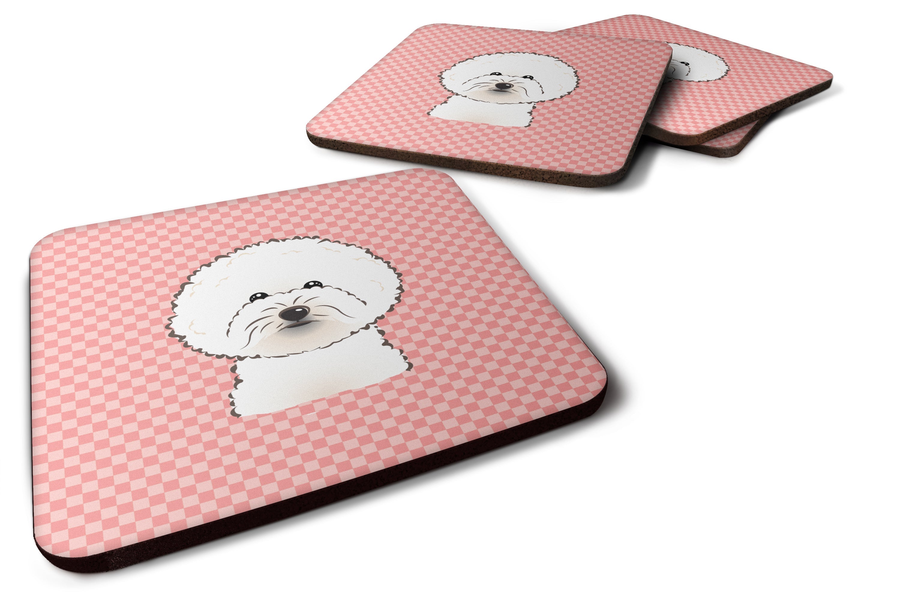 Checkerboard Pink Bichon Frise Foam Coasters Set of 4 Cup Coasters for Indoor Outdoor, Tabletop Protection, Anti Slip, Mouse pad Material